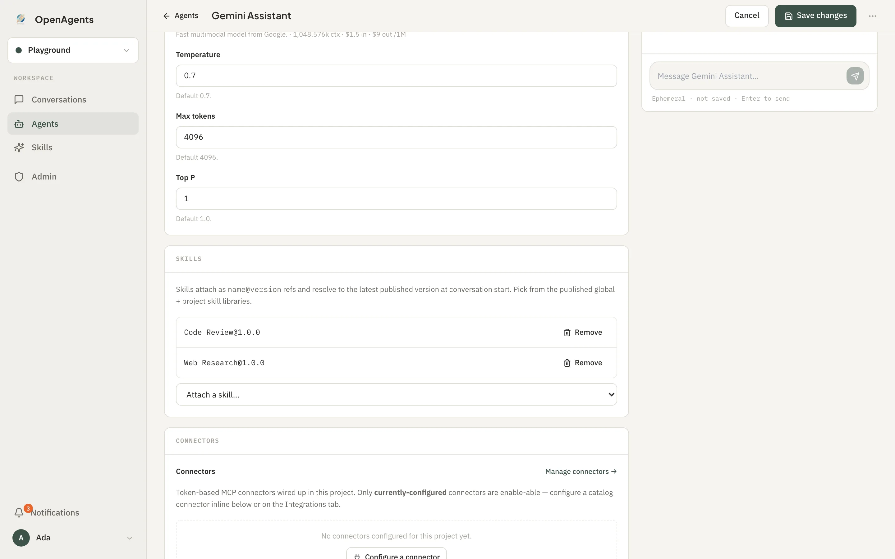 Configuring an agent in OpenAgents — choosing its model provider and attaching reusable skills