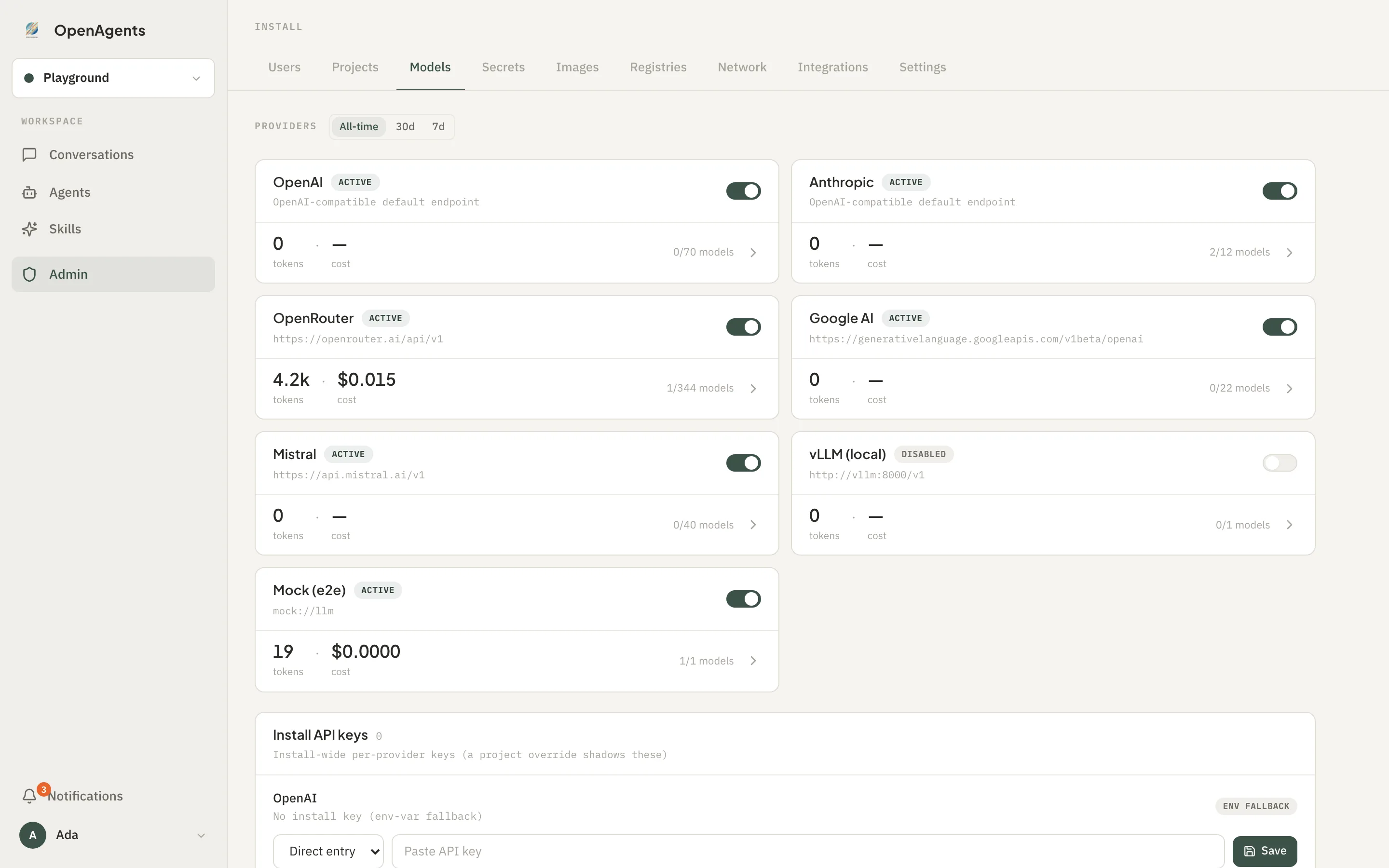 Selecting an AI provider and model for an agent in OpenAgents — OpenAI, Anthropic, Google, OpenRouter, or a local model