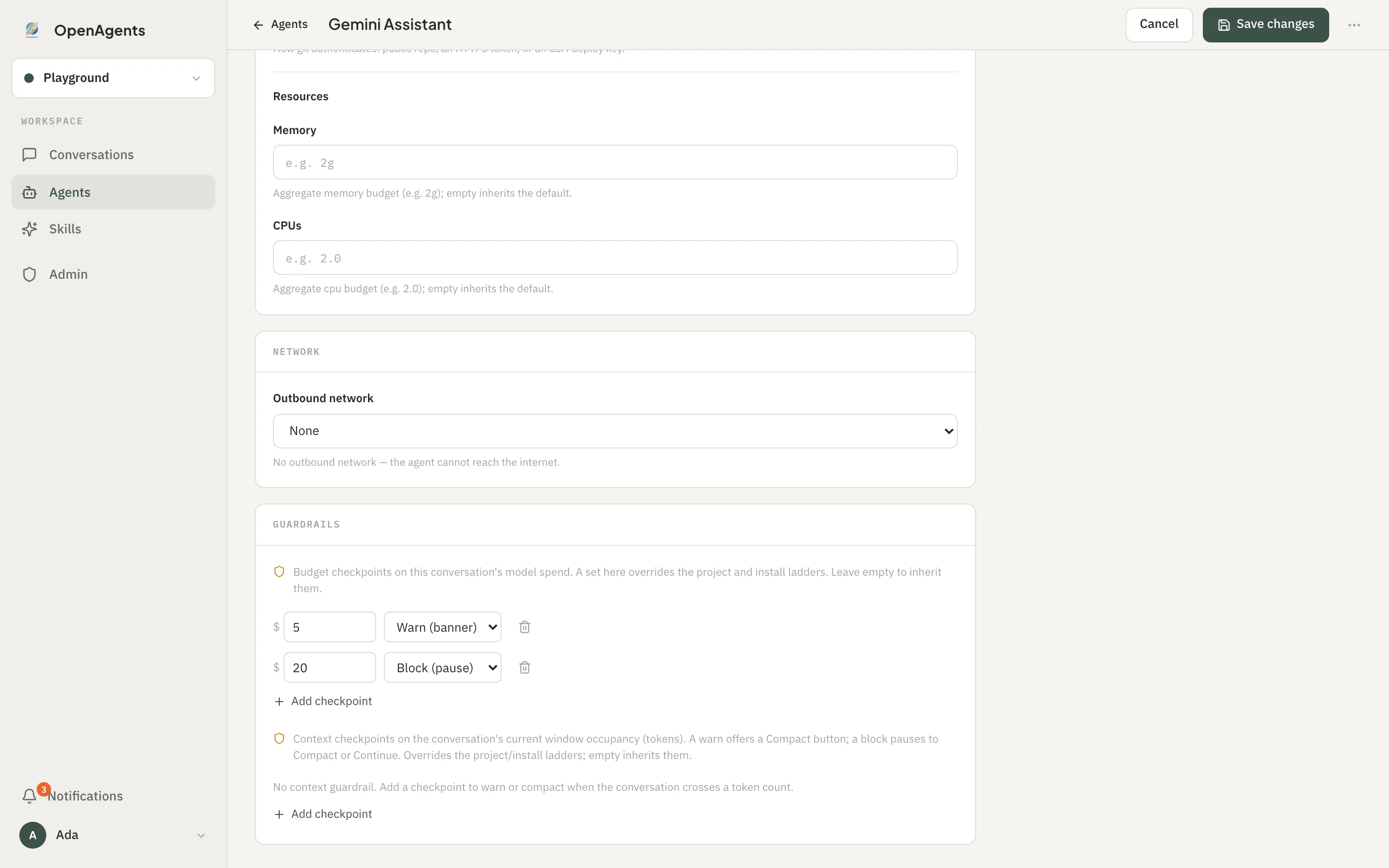 Per-project spend guardrails in OpenAgents, enforced by the platform on every turn